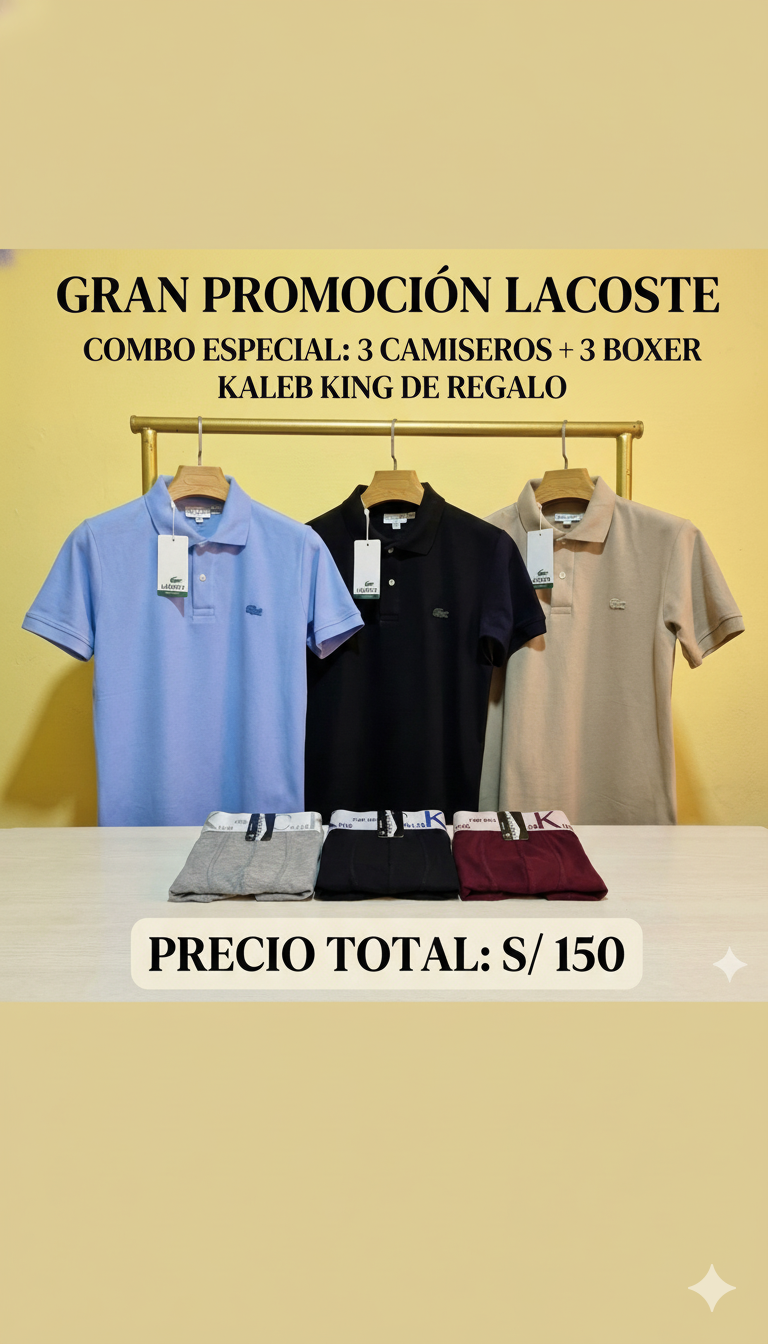 Combo Lacoste Paris || 3 Polos Camiseros Lacoste || 3 Boxers CalebKing
